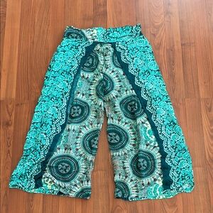 Made in Bali Bohemian Teal and White Wide-Leg Pants
